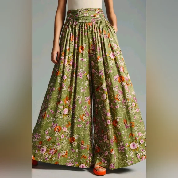 By Anthropologie Wide-Leg Pants Floral Print Olive Green Size 6 Inseam 30" - Picture 11 of 11